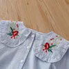 Spring Autumn 2 3 4 6 8 10 Years Cotton White Blue Striped Embroidery Flower Flare Sleeve Kids Baby Girls Blouse Shirt 210701