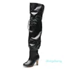 Designer- Lady Leather Pleated High Heel Rubber Outsole Thigh-High Boot Women Letter Canvas Over-the-knee Boots Pointed Toe Zipper Slip-on