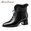 Meotina Genuine Leather Block Heels Ankle Boots Women Shoes Pointed Toe High Heel Zip Cross Tied Short Boots Female Winter Black 210520