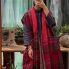 Johnature Femmes Vintage Coton d'hiver Rouge Plaid Plaid Longs Vestes Manteaux Style chinois Sans manches V-Cou Casual Big Poche Gilets 210521