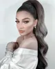 Ponytail Extension Ludzki włosy 100% Real Remy Hair Piece - Wrap wokół klipu w ponytails Ciało Wave Gray Hairs Highlight 140g