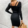 Abito longuette da donna con scollo a V a coste con spalle scoperte Bottone in metallo Manica lunga Abiti da donna con imbracatura Nuovi abiti da donna slim slim 210409