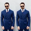 2 Parça Pinstripe Erkekler Mavi Custom Made Düğün Smokin Çift Göğüslü Yakışıklı Çekirdi Yaka Blazer Iş Ceket + Pantolon