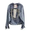 Damjackor Jeans Jacka Heavy Industry Rhinestone Chain Lovely Back Hollow Denim Cropped Coat Damer