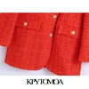 KPYTOMOA Kvinnor Mode med tryckfoder Monterad Tweed Blazer Coat Vintage Långärmade fickor Kvinnor OuterWear Chic Veste 211019