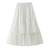 Летняя длинная юбка тюль женщин корейский стиль сетка кружева пэчворк высокая талия эстетическая миди плиссированная женщина 210421