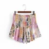 Fashion Floral Printed Chic Smocked Women Shorts Summer High Waist With Drawstring Casual Wide Leg Retro Shorts 210521