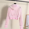 Frauen Rosa Kapuzenjacke Glitzer Bling Pailletten Lässig Dünn High Street Hip Pop Reißverschluss Up Solide Kurz H0050 210514