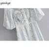 Sweet Floral Print Women Dress Lantern Sleeve Square Neck Elegant Summer Model Female Sexy Slits A-line Midi Lady es 210514