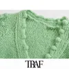 Traf女性のファッション宝石のボタンのファッションポンポムの詳細ニットカーディガンセーターヴィンテージ長袖女性の上着シックトップ211218