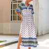 Bohemian Gedruckt Frauen Kleid Sexy V-ausschnitt Kurzarm Aushöhlen Verschüttet Knöchellangen Strand Dame Kleider Plus Größe W278 210526