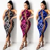 Lace Up Frente BANDAGE Bodycon Midi Dress Mulheres Elegant Hollow Out Imprimir Indo Clube Outfits Sexy Verão Partido Casual Vestidos