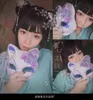 Japonês quimono raposa gato máscara mão pintado anime roxo azul gradiente flor de seda flor cosplay