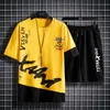 Zomer heren katoen sets Casual T-shirt en Shorts Sport Pak Streetwear Collage Stretch Taille Sportswear Plus 4XL 210806