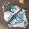 Zafuaz Push Up Bikini Set Patchwork Mayolar Mayo Kadınlar Seksi Bikini Biquini Halter Üst Yaprak Baskı Plaj Kıyafetleri Yaz 210604