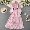 Frauen Spitze Langes Kleid Vintage Stehkragen Laterne Hülse Einreiher Rosa/Lila/Grün/Gelb Vestidos Weibliche robe Herbst Y0603