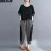 Dimanaf zomer vrouwen twee stuk set pak vintage plaid casual losse dame lange broek past bij korte mouw kleding oversize 211105