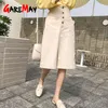 Knee Length Skirt A Line For Women Khaki High Waist Button Female Cotton Vintage Summer s 210428