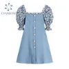 Robe en denim à imprimé floral Femmes Été Nouvelle Mode Patchwork Simple Boutonnage Mini Robes Élégantes Puff Col Court Vêtements 210417