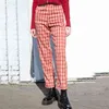 Frauen Casual Hosen Retro Long Gerade Streetwear Hohe Taille Chic Tartan Rote Hose Tasche 210427