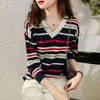 Casual com decote em v Spring Spring Outono Fina Striped Sweater Soft Soft Lote Chic Camisola Pullovers Girl Knit Jumper Top 210604