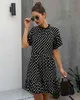 Polka Dot Drukuj Wzburzyć Kobiety Sukienka Casual Plised O Neck Krótki Rękaw Summer Lose Beach Suknie Vintage Damskie Party Mini Dress 210507