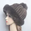 女性冬の屋外の暖かいニット本物の本物のキツネの毛皮の帽子帽子女性の帽子ビーニーミンク帽子のスカイリー