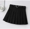 Harajuku Heart-Buckle Belt Pleated Skirt Women School e-Girl Cheerleading Belted Mini With Safe Shorts / 210629