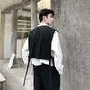 Heren Vesten Mannelijke Koreaanse vest Mouwloze jas lint kleine vest streetwear vintage mode zwarte korte pak jas man