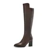 Meotina Pointed Toe Knee High Boots High Heel Woman Boots Block Heel Long Boots Zipper Ladies Shoes Autumn Winter Brown Black 210608