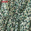 Femmes Femmes Vert Floral Impression Plissé Shirt Longue Street High Street Dress Midi Dress SL514 210416
