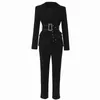 Diaf Новый поворотной воротник Длинная рубашка рукав тонкий подходящий модный прилив черный молния мухой кружевной офис леди высокие брюки костюмы 7e0392 210428