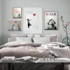 Gemälde Abstraktes Mädchen Wandkunst Leinwand Malerei Bansky Poster und Drucke Schwarz Weiß Bilder für Wohnzimmer Dekor