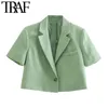 TRAF Women Mode Single Button Linnen bijgesneden Blazer Vintage Shorts Mouw Vrouwelijke Bovenkleding Chic Veste Femme 210415