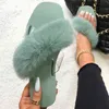 Fluffy Flip Flops Real Rabbit Fur Slippers Furry Fur Slides Cross Strap Transparent Flat Sandals Square Toe Fashion Shoes Women Y0406