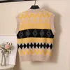 Spring Autumn Argyle Knitted Loose Sweater Vest Women Sleeveless Waistcoat Female Korean Style Chic Knitwear 210421
