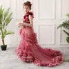 Lovely Flower Girls Dresses For Weddings Princess Jewel Long Lace Appliques Big Bow Sweep Train Little Kids Holy Pageant Dress 403