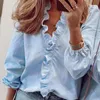 Vrouwen Blouses Casual Solid Color Ruffle Collar Lange / Korte Mouw Ruffle Shirts Blouse V-hals T-shirt Top Plus Size S-5XL