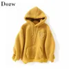 Women Loose Casual Teddy Hoodies Winter Warm Long Sleeve Hooded Sweatshirt Tops Letters Pocket Fleece Pullover 210515