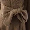 Twotwinstyle casual stickad patchwork klänning för kvinnor o neckloak långärmad hög midja bowknot elegant klänningar kvinnlig höst 210517