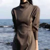 Korean Chic Elegant Temperament Turtleneck Dress Women Slim Waist Casual Belt Maxi Dresses Vestidos Mujer 210519