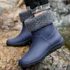 Winter Middle Tube Mens Waterproof Shoes Add Fur Keep Warm Non-slip Rain Boots Slip On Resistant Safety Rubber Shoes Size 39-44