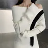 Aelegantmis Slash Neck Knitted Dress Women Patchwork Sexy Ribbed Sweater Mini Dresses Slim White Vestido De Mujer Off Shoulder 210607