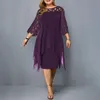 زائد حجم فساتين 4xl 5xl 6xl الرباط شبكة مثير أنيقة ميدي حزب اللباس الأحمر الأسود الأخضر الأرجواني فضفاضة ملابس النساء الملابس