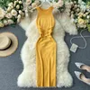 Vintage Slim Stretch Bandage Strickkleid Sommer Sexy 0-Ausschnitt, figurbetonter Pullover Partykleid Frauen Club Knielange Kleider 210521