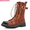 Morazora grande taille 34-43 mode femmes bottes med talons bout rond lacets dames chaussures hiver 3 couleurs bottines 210506