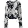 Nomikuma Tie Dye Cordon Slim Chemises pour Femmes À Manches Longues O-cou Graphique T-shirts Printemps Nouveau T-shirt Feminimos Tee 6F969 210427