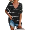 Kvinna Stripe T-shirt Sommar Sexig V-Neck Kortärmad Tie-Dye Lös Tshirts 90s Casual Street Fashion Women Pocket Top Plus Size 210604