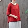 夏の芸術スタイルの女性半袖ルースティーシャツフェムメトップスコットンリネンヴィンテージ刺繍TシャツプラスサイズM40 210512