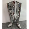 Mstacchi женские высокие сапоги золотые серебряные заостренные носки колено для женщин сексуальные каблуки вечеринки обувь дамы шпилька 210910